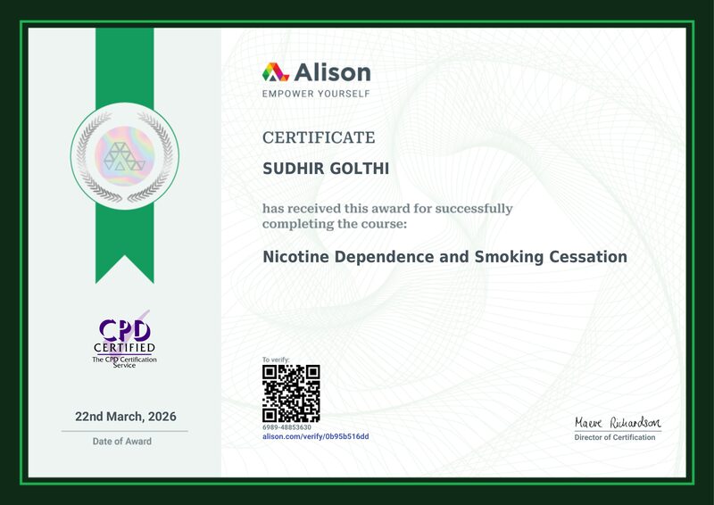 Alison CPD-Certified Certificate awarded to Sudhir Golthi for Nicotine Dependence and Smoking Cessation, dated 22 March 2026